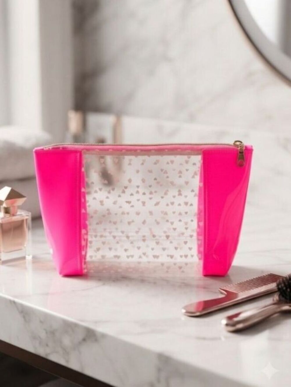 pink & clear jelly vinyl w/ hearts toiletry pouch